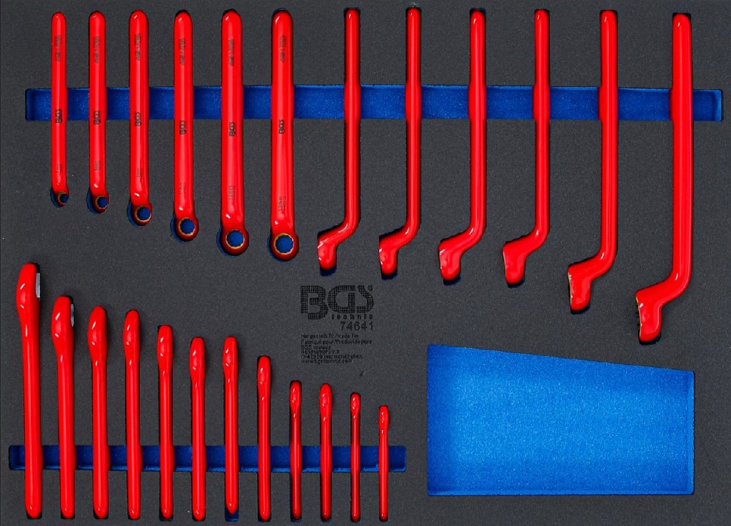 BANDEJA DE POLIFOAM 3/3 PARA CARRO CON 12 LLAVES ESTRELLA  ACODADA DE UNA BOCA BIHEX. +  12 LLAVES FIJAS DE UNA BOCA CON AISLAMIENTO VDE HASTA 1.000 V. SEGÚN EN 60900/IEC 60900 (10 - 24 MM)