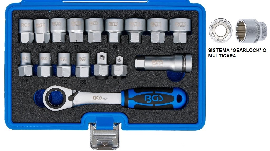 ESTUCHE 13 VASOS PASANTES MULTICARA ( 10 - 24 MM.) + CARRACA CUADRADILLO 19 MM (ESPECIAL PARA TORNILLOS DE AMORTIGUACIÓN) + 3 ADAPTADORES
