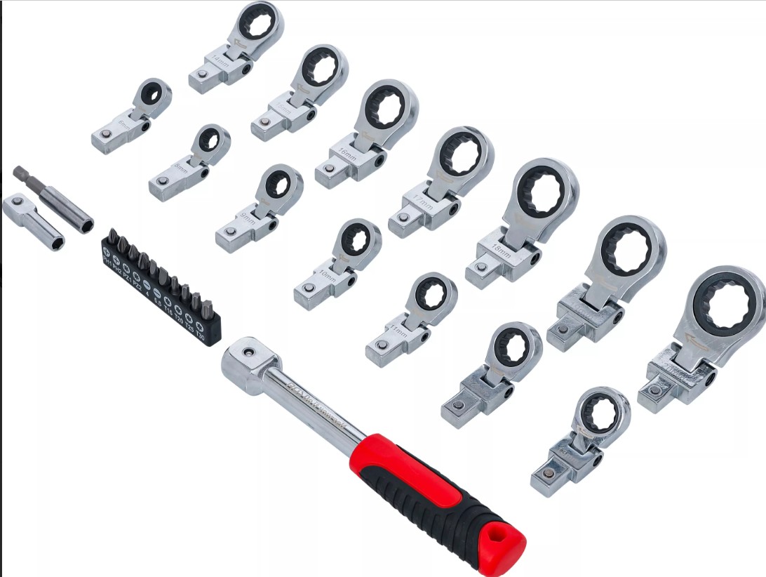 ESTUCHE DE 12 LLAVES DE CARRACA DE ANILLO ARTICULADAS 180º DE ESCALA FINA 9X12 (6 - 20 MM.) + MANGO SOPORTE ESCALA FINA 9X12 +2 ADAPTADORES  + 8 PUNTAS 1/4