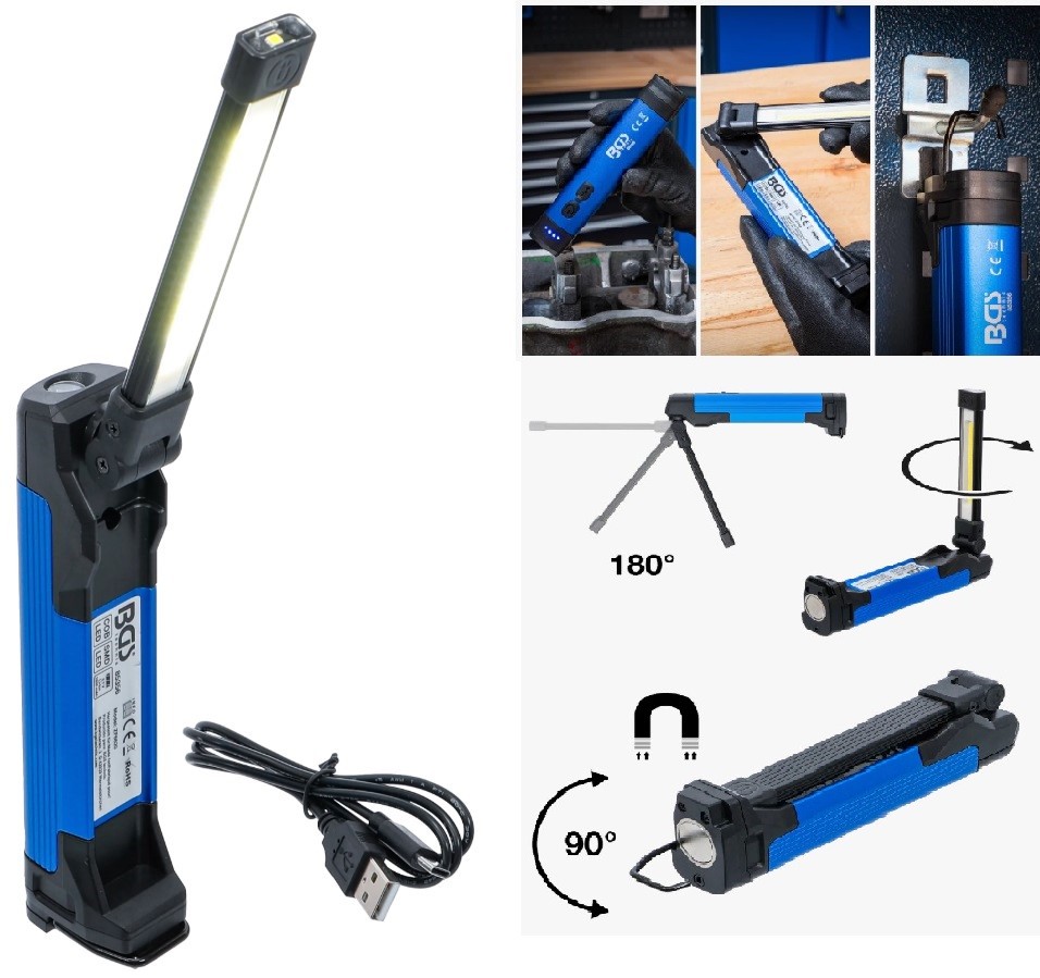 % LAMPARA ARTICULADA Y GIRATORIA 270ª A BATERIA, LED-COB DELANTERA 4 W. - TRASERA 3 W. - 400 LM.