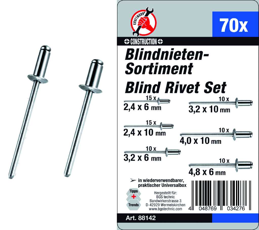 ESTUCHE 70 REMACHES DE ALUMINIO ( Ø 2,4 X 6 MM -2,4 X 10 MM - 3,2 X 6 MM - 3,2 X 10 MM - 4,0 X 10 MM - 4,8 X 10 MM.)