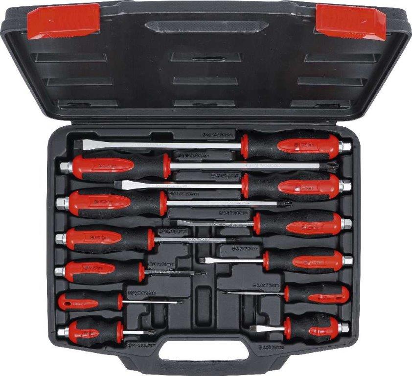 ESTUCHE 12 DESTORNILLADORES DE GOLPEO REFORZADOS, MANGO BIMATERIA ERGONOMICO ROJO