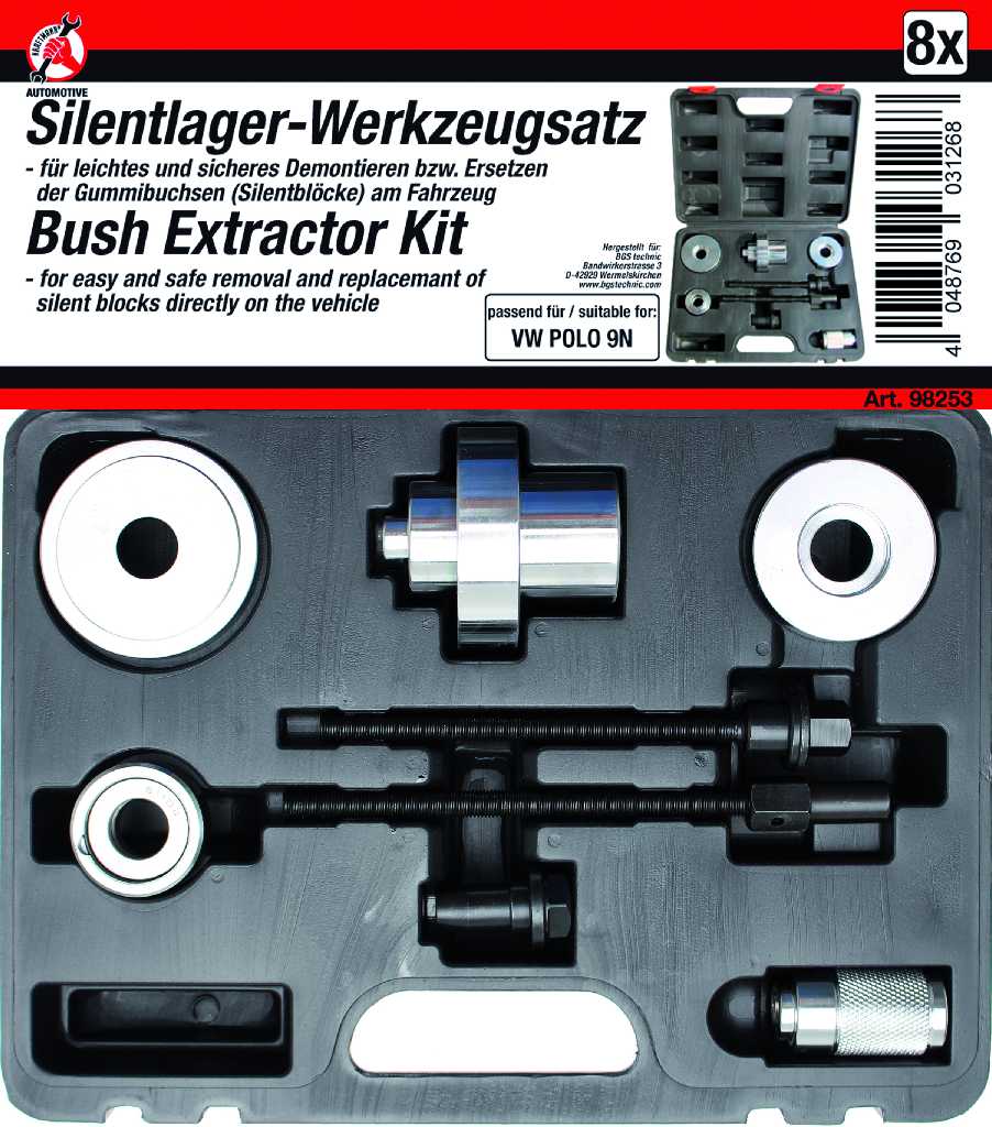 ESTUCHE 8 UTILES SUSTITUCIÓN SILENTBLOCKS GRUPO VAG - VW POLO 9N - SEAT IBIZA IV - CORDOBA - ALTEA - SKODA FABIA - ROOMSTER - AUDI A2