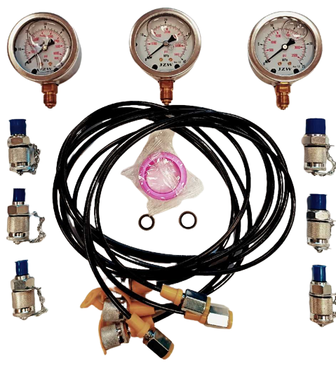 > ESTUCHE 3 MANOMETROS DE GLICERINA (0 - 595 BAR / 0 - 345 BAR / 0 - 249 BAR) + 6 CONEXIONES + 3 MANGUERAS CON CONEXIONES PARA MEDICION DE PRESIONES HIDRAÚLICAS
