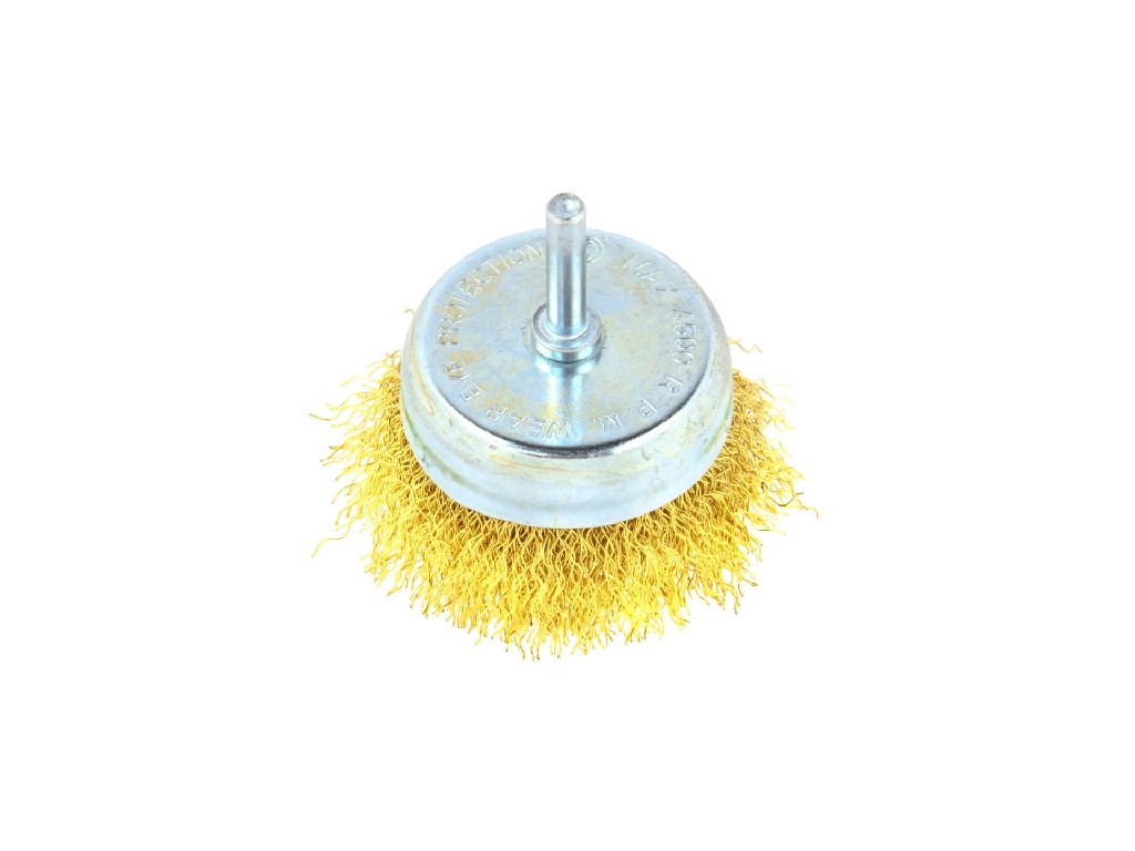 % CEPILLO DE ALAMBRE DE LATÓN, TIPO COPA, Ø 75 MM C/VASTAGO Ø 6 MM