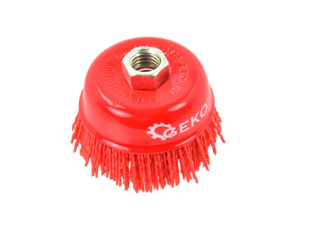 CEPILLO ABRASIVO DE NYLON GRUESO PARA MATERIALES BLANDOS, TIPO COPA Ø 75 MM, PARA USO CON DESBARBADORA, ENGANCHE M14