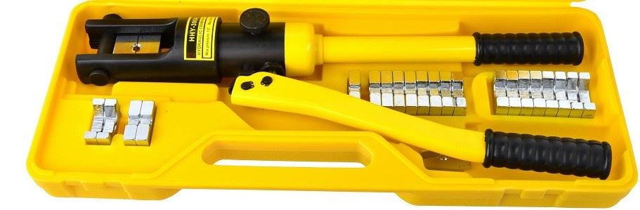 ESTUCHE CON PRENSA HIDRAULICA DE PALANCA MANUAL 18 TN. PARA CABLES ACERADOS Y TERMINALES + 12 PARES DE MORDAZAS (10 - 16 - 25 - 35 - 50 - 70 - 95 - 120 - 150 - 185 - 240 - 300 MM.