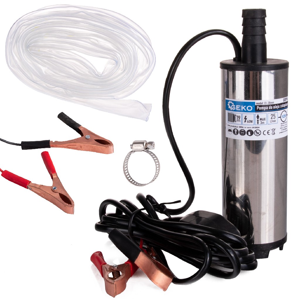 MINI BOMBA SUMERGIBLE DE TRASVASE DIESEL/PETROLEO/AGUA 12 V. - 60 W. - 25 L/MIN. + 3 M. DE MANGUERA DE PLÁSTICO TRANSPARENTE