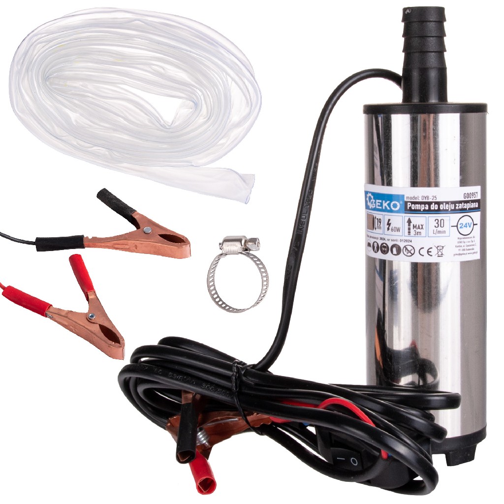 MINI BOMBA SUMERGIBLE DE TRASVASE DIESEL/PETROLEO/AGUA 24 V. - 60 W. - 25 L/MIN. + 3 M. DE MANGUERA DE PLÁSTICO TRANSPARENTE