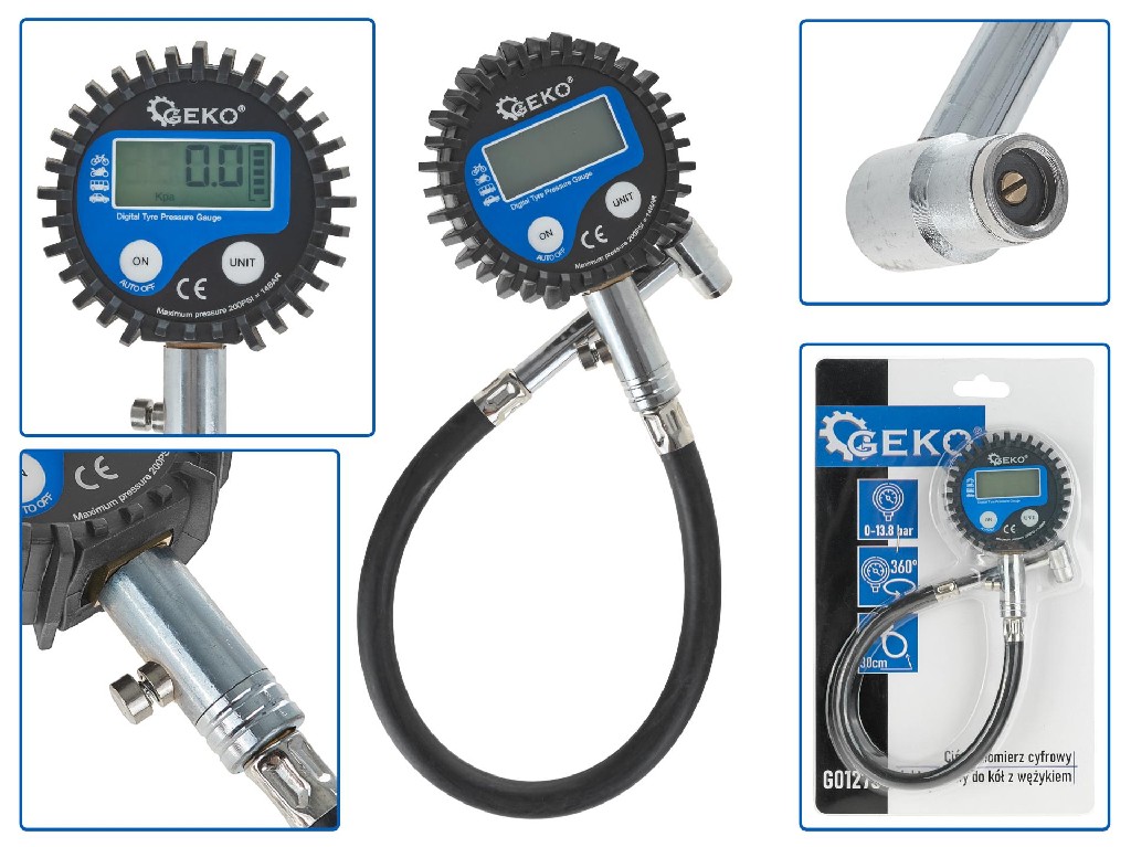 MANOMETRO DIGITAL DE COMPROBACIÓN DE PRESIÓN DE RUEDAS CON ALARGADOR, 0 - 14,06 KG/CM2 / 0 - 200 PSI / 0 - 1380 KPA / 0 - 13,8 BAR