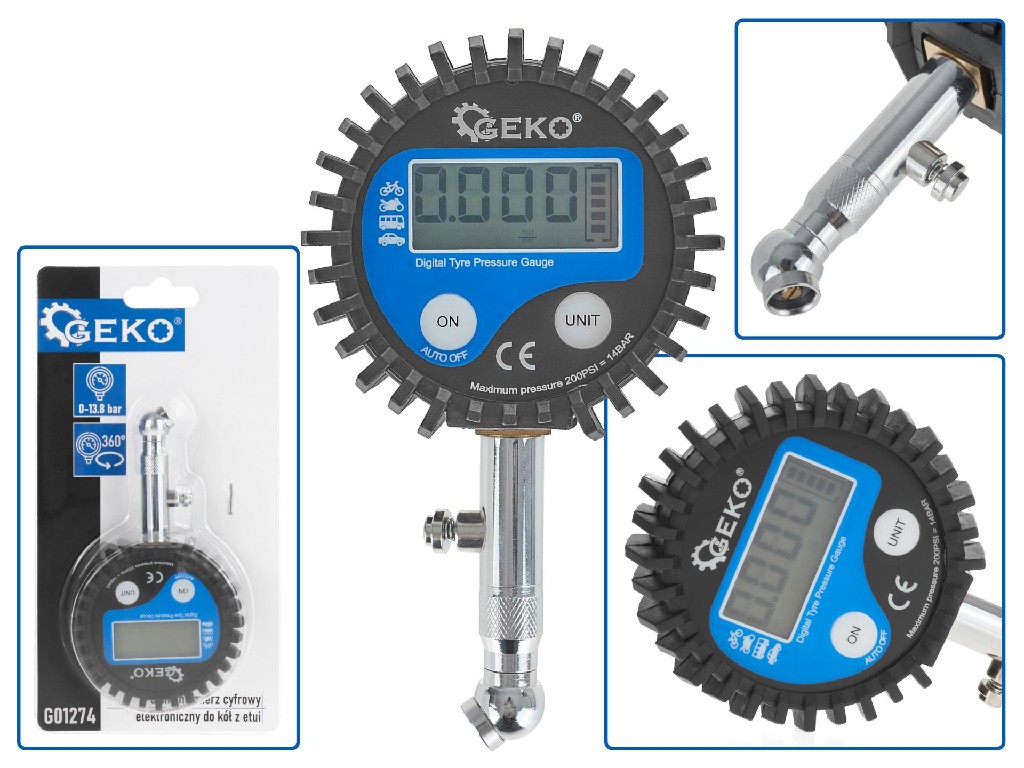 MANOMETRO DIGITAL DE COMPROBACIÓN DE PRESIÓN DE RUEDAS, 0 - 14,06 KG/CM2 / 0 - 200 PSI / 0 - 1380 KPA / 0 - 13,8 BAR
