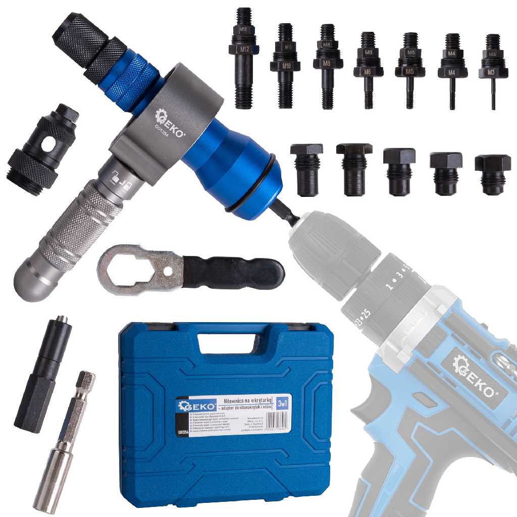 % @ ESTUCHE DE REMACHADORA ADAPTABLE A TALADRO PARA TUERCAS REMACHABLES (M3 - M4 - M5 - M6 - M8 - M10 - M12 // 50-100 NM) + REMACHES (Ø 2,4 - 3,6 - 4,0 - 4,8 - 6,4 MM.)