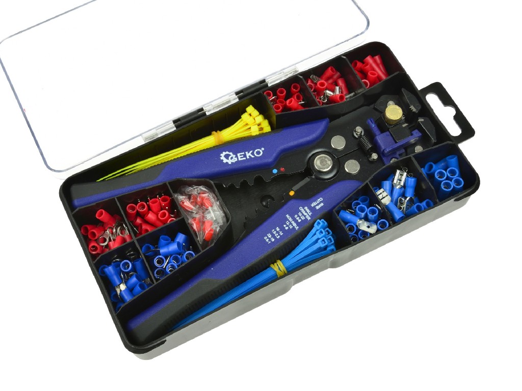 ESTUCHE DE ALICATE PELACABLES AUTOMÁTICO (Ø 0,13 - 6 MM2 X 210 MM) Y DE TERMINALES + 260 PCS