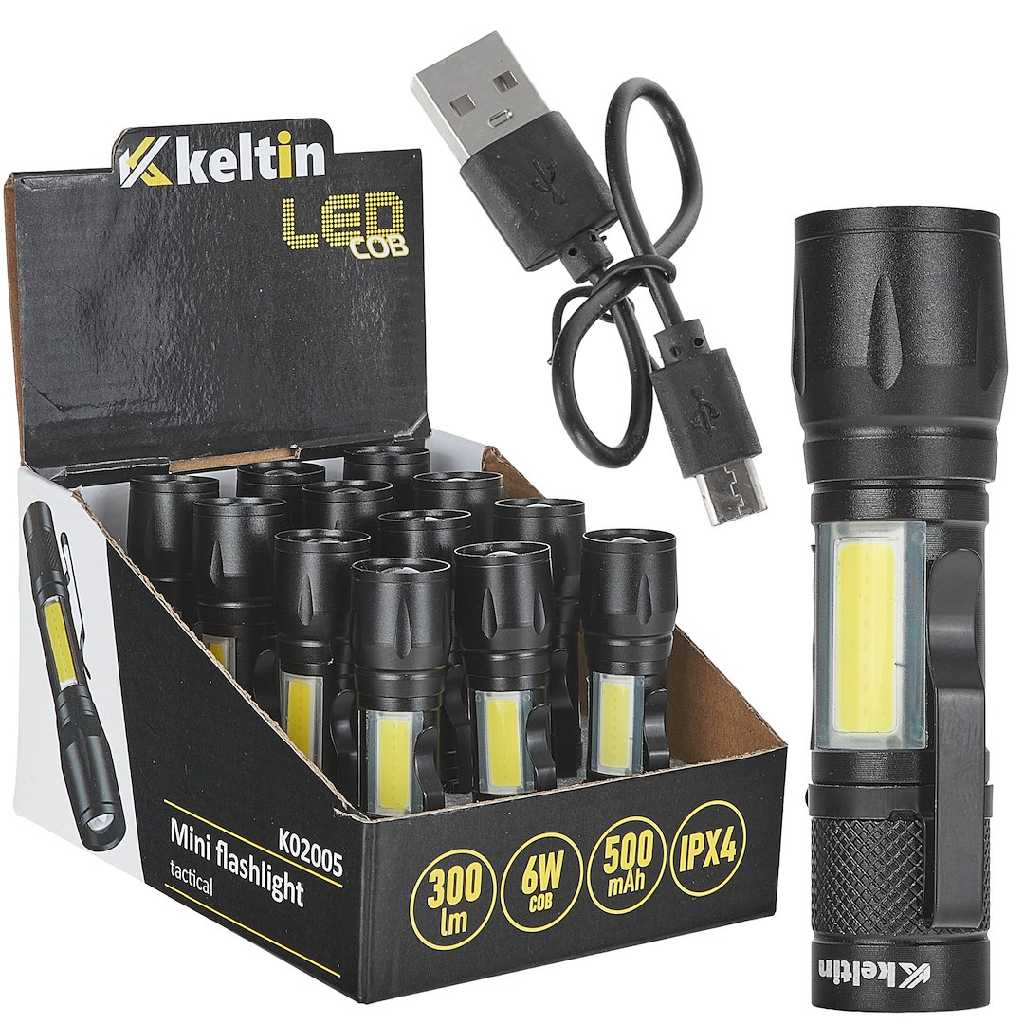 % @ CAJA EXPOSITORA DE 12 MINI-LINTERNAS TACTICAS LED COB 10 W.- 500 MAH. -300 LUMENS CON CARGADOR USB-C