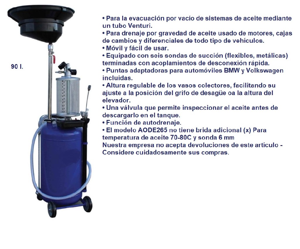 EXTRACTORA DE ACEITE PROFESIONAL POR GRAVEDAD Y ASPIRACIÓN, 90 L + CONJUNTO DE VARILLAS DE EXTRACCIÓN UNIVERSAL
