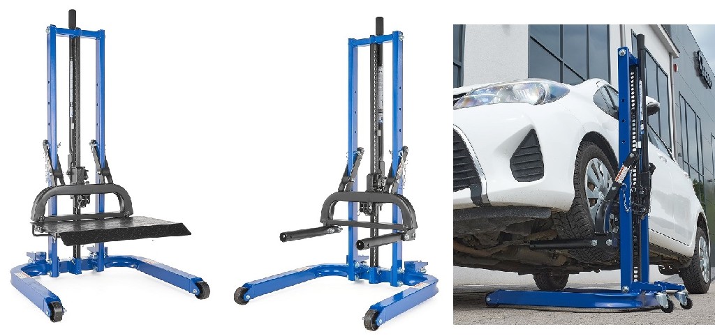 ELEVADOR HIDRAULICO MANUAL POR TRINQUETE  PARA COCHES, HASTA 816 KGS POR RUEDA (CON PLATAFORMA O PARA APOYO DE RUEDA)