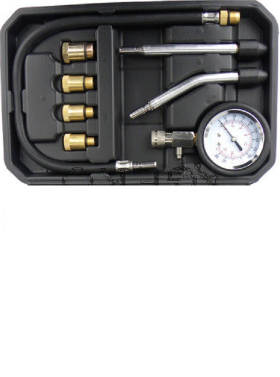 ESTUCHE COMPRESIMETRO MOTOR GASOLINA ( 0 - 20  BAR / 0 - 300 PSI) + 4 CONECTORES M10 - M12 - M14 - M18  + ALARGADOR + 2 CONEXIONES METÁLICAS