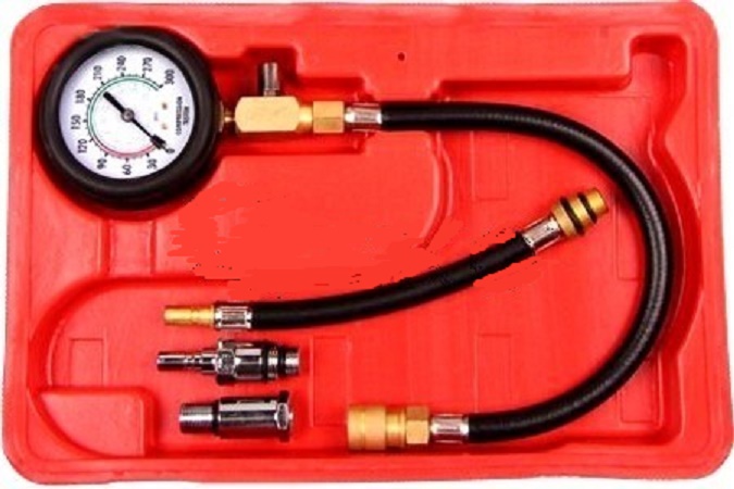 % ESTUCHE COMPRESIMETRO GASOLINA (0 - 20 BAR / 0 - 300 PSI) + 2 CONECTORES M10 - M14 + MANGUERA CON RACORES