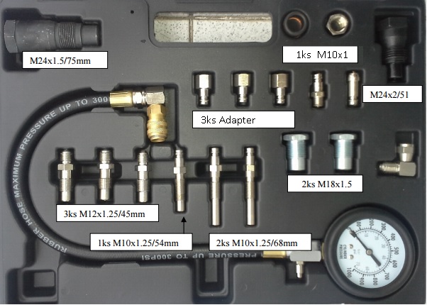 ESTUCHE COMPRESIMETRO DIESEL PARA CAMIONES, 0-70 BAR. (19 PCS)