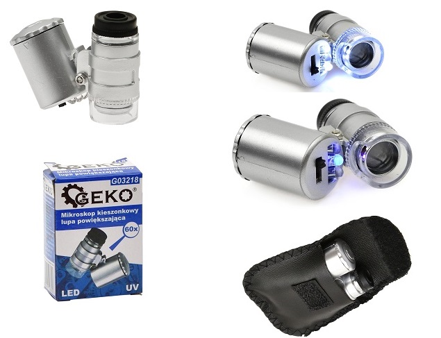MICROSCOPIO DE BOLSILLO CON LUZ LED - UV (AUMENTOS 60X)
