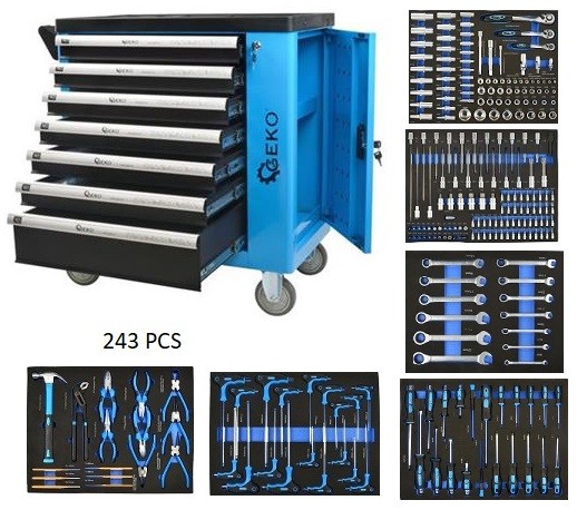 @ CARRO PORTAHERRAMIENTAS 7 CAJONES + PUERTA LATERAL CON LLAVE + 243 HERRAMIENTAS
