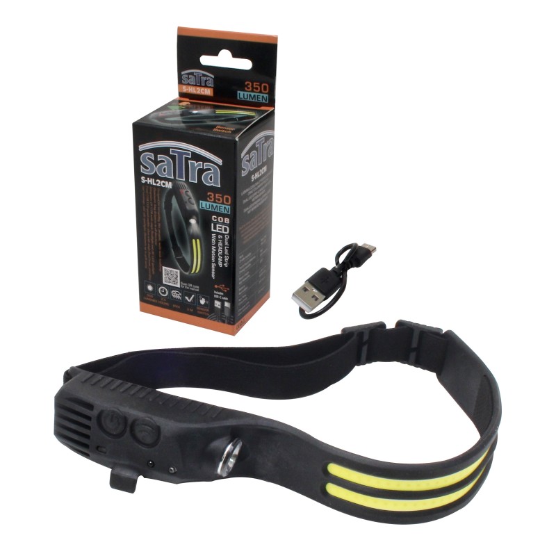 % @ LAMPARA FRONTAL DOBLE LINEAL DE CABEZA LED COB ULTRAPOTENTE 5 W. + 3 W. XPE. - 350 LUMENS - IP44 - 1200 MAH CARGA POR CABLE USB