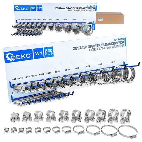 EXPOSITOR DE 220 ABRAZADERAS ACERO INOXIDABLES SIN FIN Y DE TORNILLO ( Ø 8 - 70 MM)