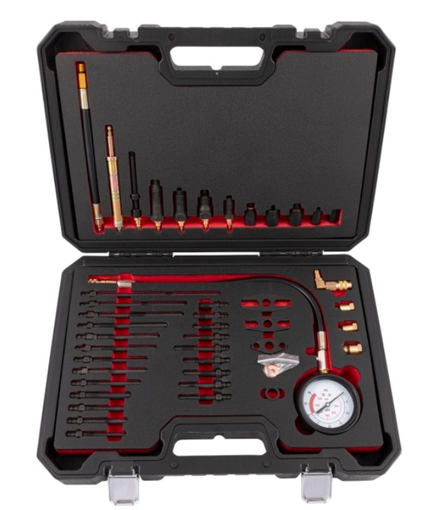 ESTUCHE 60 UTILES COMPROBACIÓN DE PRESION DE MOTORES GASOLINA Y DIESEL (0 - 40 BAR /600 PSI)