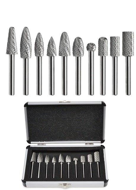 % ESTUCHE CON 10 FRESAS VARIADAS DE CORTE DE ACERO-CARBURO-TUNGSTENO, VASTAGO 6 MM.