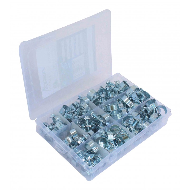 ESTUCHE DE 135 ABRAZADERAS DE ACERO AJUSTABLES POR TORNILLO ( 9-11 / 10-12 / 11-13 / 13-15 /14-16 / 15-17 / 16-18 MM), ADECUADO PARA MANGUERAS DE ACEITE - AIRE COMPRIMIDO -  COMBUSTIBLES