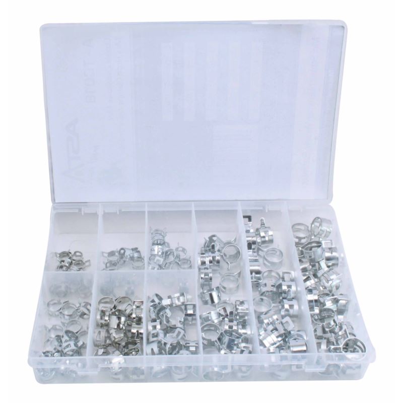 % ESTUCHE 135 ABRAZADERAS DE MANGUERA CON RESORTE TIPO *CLIC* (Ø 8X10 - 16X18  MM.)