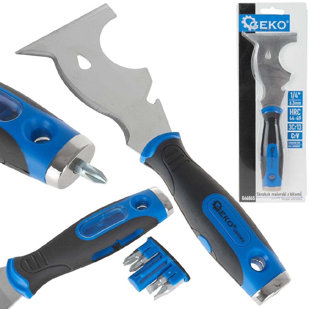 BLISTER DE RASCADOR DE PINTURA PERFILADO CON MANGO BICOMPONENTE ERGONÓMICO, ACERO CR.V. 3CR13 DE ALTA CALIDAD (DUREZA 44-49 HRC) + 4 PUNTAS 1/4