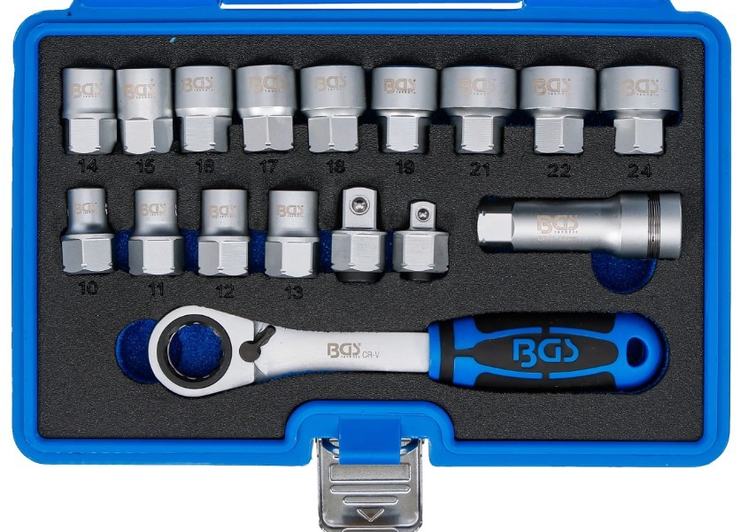 ESTUCHE DE CARRACA PASANTE 72 D. + 13 VASOS PASANTES MULTICARA **GEAR-LOCK** ( 10 - 24 MM.) + ALARGADERA PASANTE 75 MM. + 2 ADAPTADORES 1/2