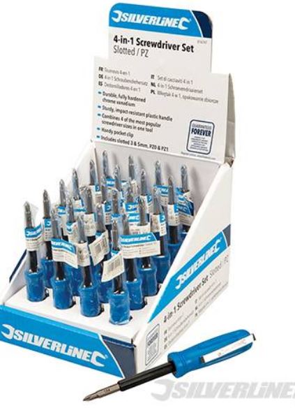 % EXPOSITOR DE 20 DESTORNILLADORES REVERSIBLES , 4 X 1  (PL3 X PL5 / PZ0 X PZ1)
